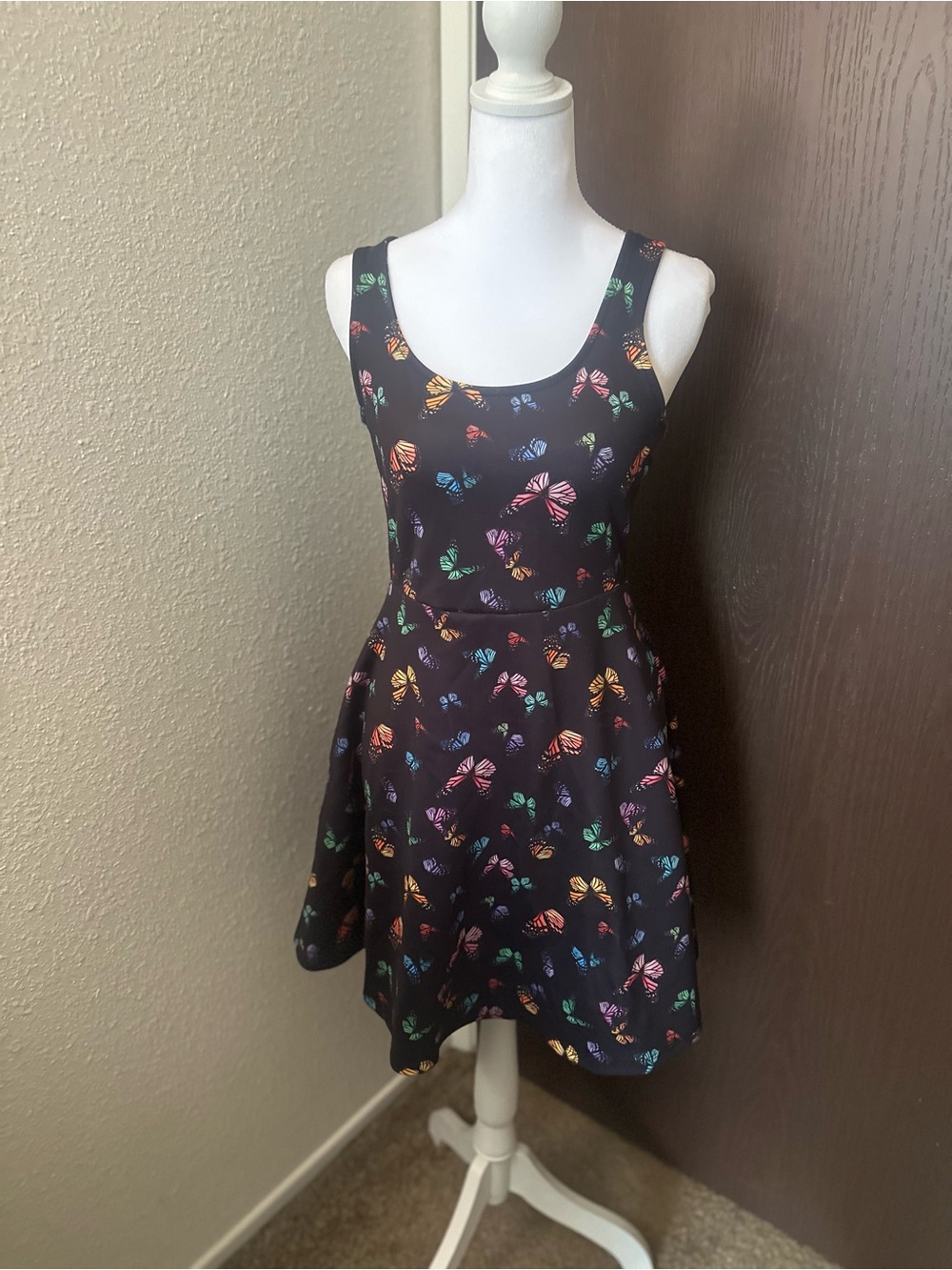 Black Sleeveless Fit-and-Flare Dress with Multicolor Butterfly Print